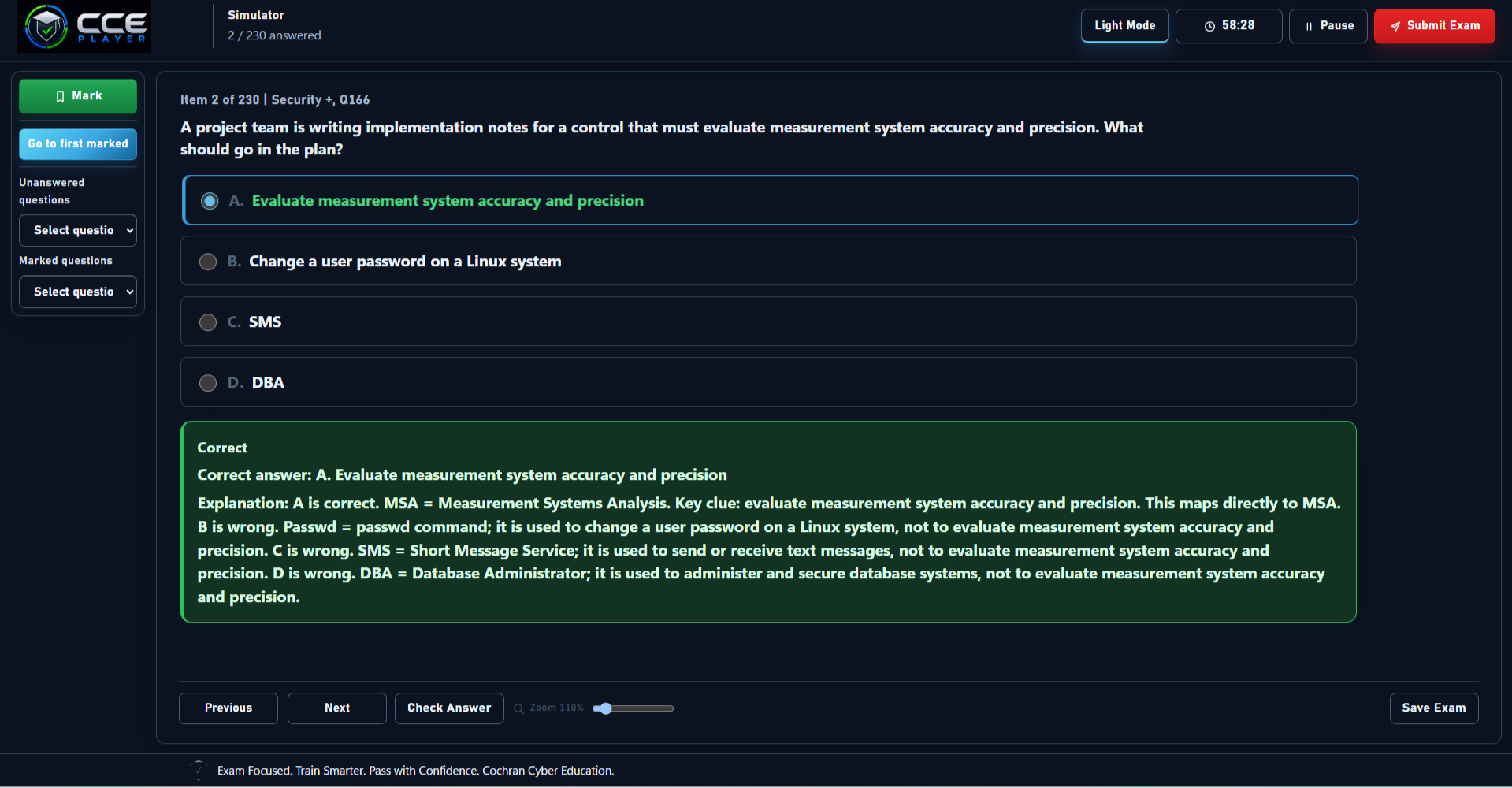CCE Player dark mode practice exam screenshot